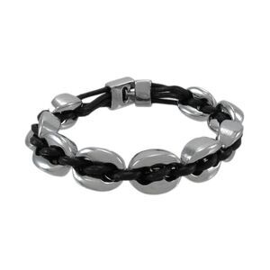 Black Leather And Chrome Marine Link Bracelet 7 Inch